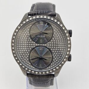 Guess Women Watch Dual Time 47MM Gray Leather Bands New Battery READ DESCRIPTION